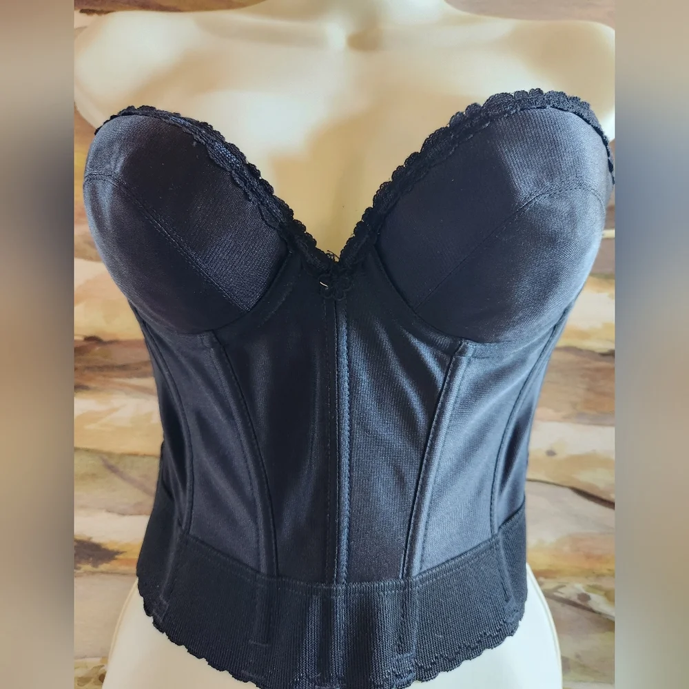 50s BUSTIER Black Strapless Busty Plunge Lace Boned Union Tag Intimate Corset EV - Picture 1 of 16